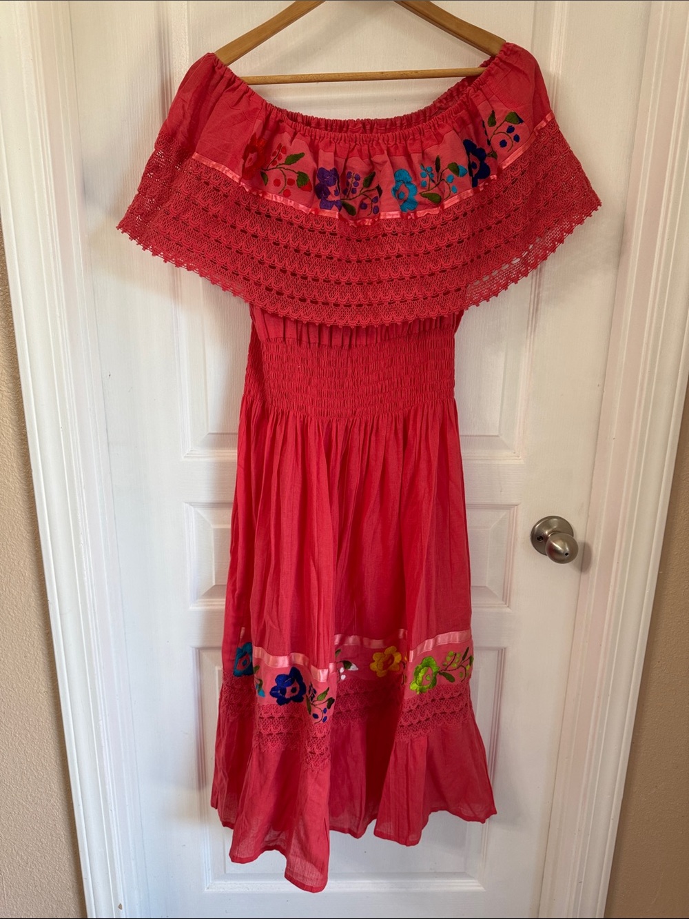 Mexican Coral Embroidered Off-Shoulder Dress - Picture 4 of 8